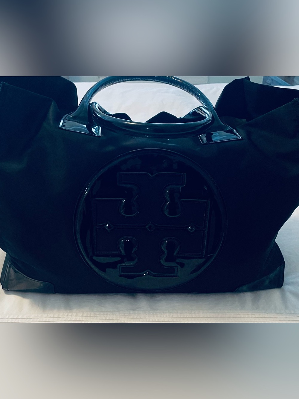 Tory Burch Black Nylon Ella Large Tote Bag Patent Logo